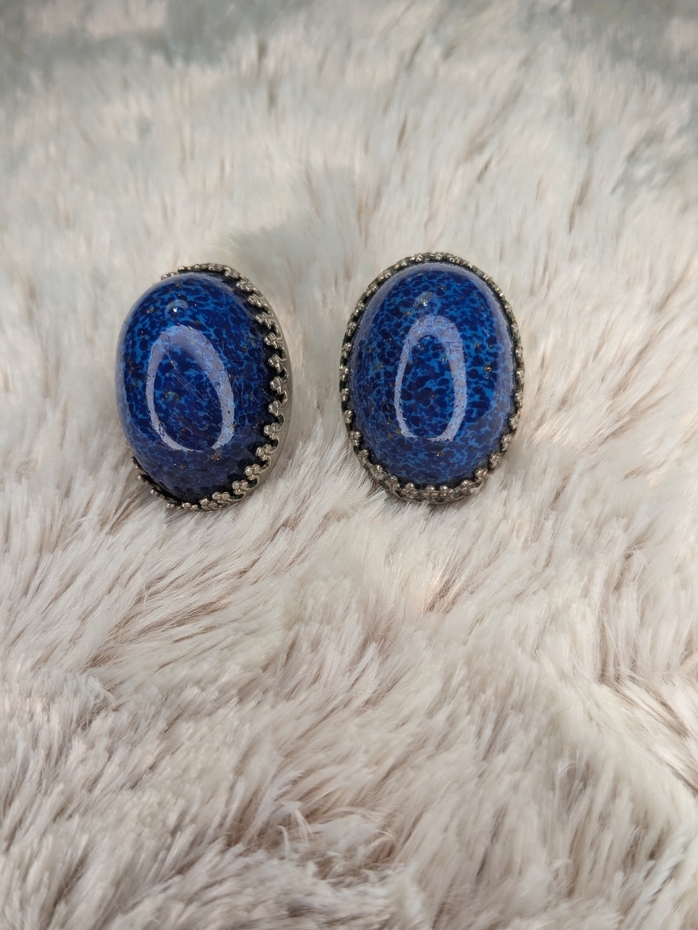 Cobalt Blue Faux Lapis Cabochon Clip On Earrings Silver Tone